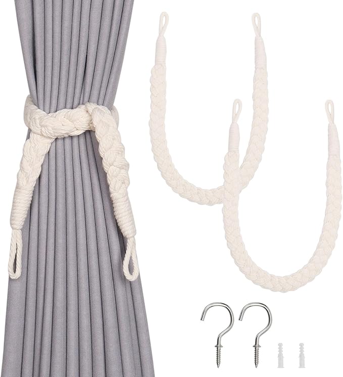 NICEEC 2 Pack Natural Cotton Rope Curtain Tiebacks Elegant Boho Style Decorative Drape Tie Backs Soft Hand-Woven Rope Curtain Holdbacks with Metal Hook for Home & Office Drapery (Cream)