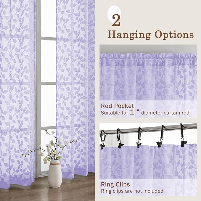 Chyhomenyc Light Purple Sheer Curtains 96 Inch Length 2 Panels Set, Light Filtering Tufted Textured Soft Airy Rod Pocket Gentle Leaf Window Treatment Drapes for Bedroom Living Room, 52" Wx96 L, 2PCS