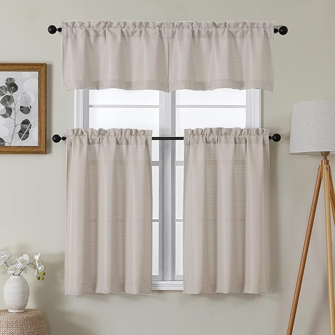 Chyhomenyc Valance for Windows, Faux Linen Slub Textured Semi Sheer Small Window Kitchen Curtain, Rod Pocket Cafe Valance for Bathroom Laundry Basement, 60Wx14L inch, 1 Piece, Moon Beige