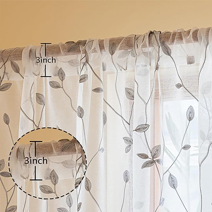 AmHoo 2 Panels Embroidered Leaf Pattern Semi Sheer Curtains Foliage Floral Voile Window Draperies Treatment for Bedroom Living Room Rod Pocket White Light Gray 53 x 84 Inch