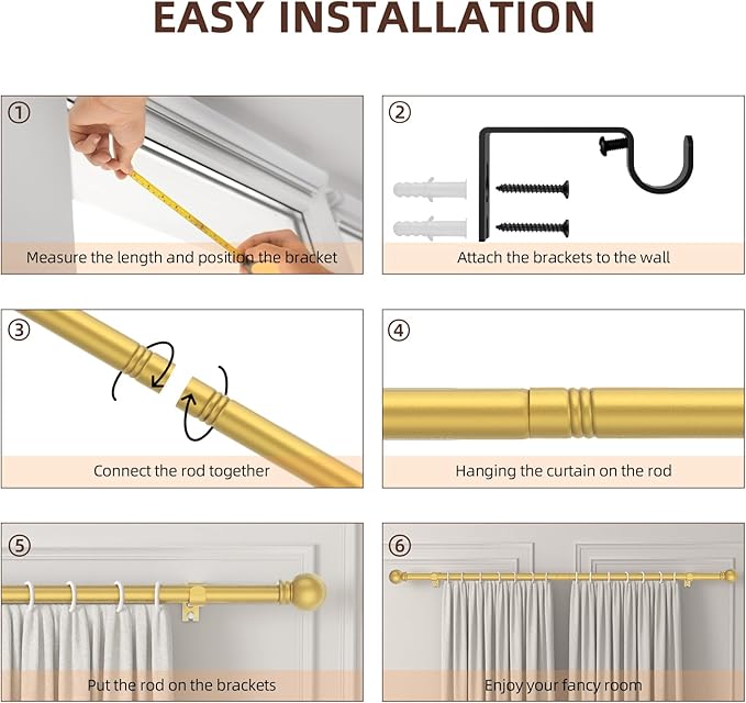 SMODBRODRE Curtain Rods for Window 32 and 48, Gold 5/8 inch Splicing Single Window Curtain Rod Set with Brackets