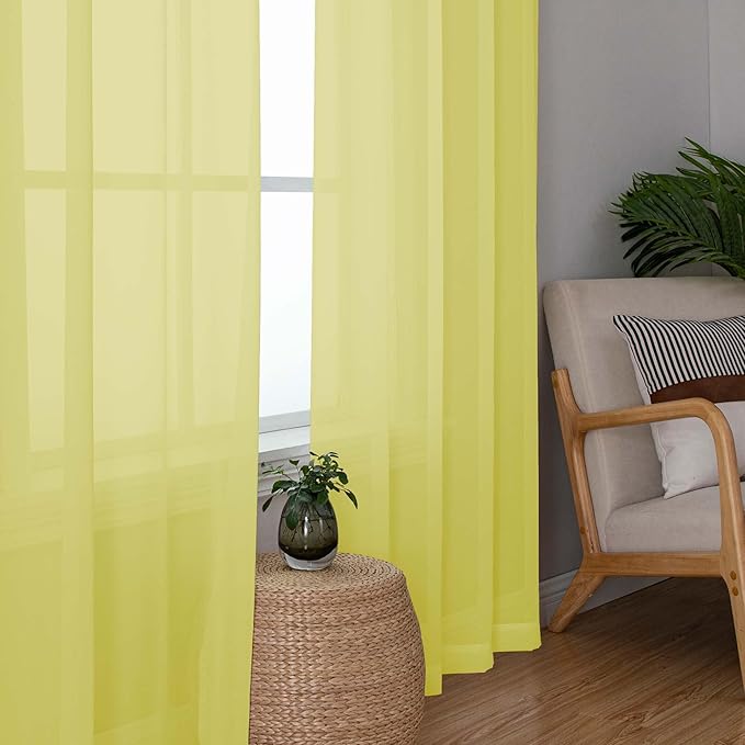 OWENIE Lemon Sheer Curtains for Bedroom Living Room 54 Inch Length 2 Panels Set, Soft Solid Light Filtering Sheer Short Curtains for Small Window, 2 Pcs Total 84 Width 54 Long, Lemon