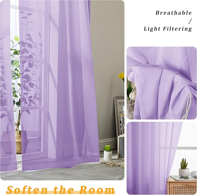 Gwine Lilac Sheer Curtains for Bedroom 54 inches Long 2 Panels, Light Filtering Voile Rod Pocket Curtains, Airy Transparent Sheer Drapes for Living Room, Each 42" Wx54 L