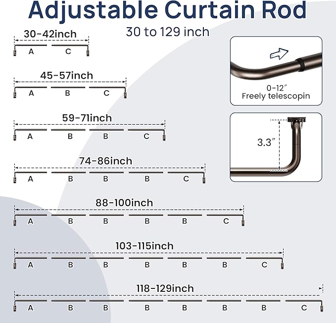 ENJOYBASICS Blackout Curtain rod for windows 66 to 120, Wrap Around Curtain Rods for Bedroom, Living Room, Adjustable from 30 to 129 Inches, Bronze