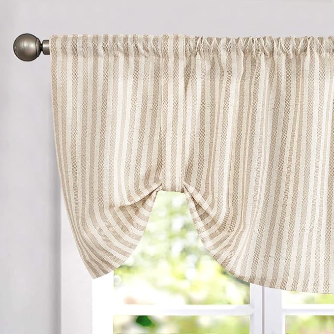 jinchan Tie Up Linen Textured Striped Bow Tie Curtain for Kitchen Bathroom Rod Pocket Pinstripe Valance Window Treatments Ticking Stripe Pull Cord Valance 1 Panel 18 Inch Tan on Linen