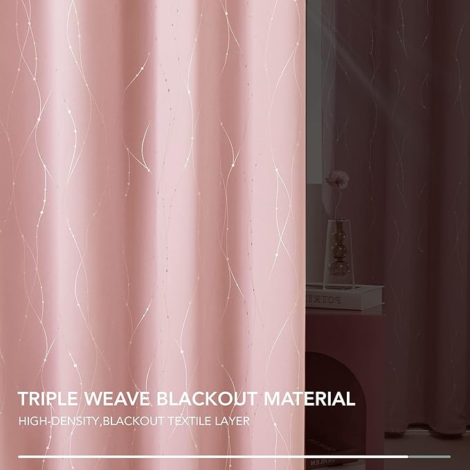 Deconovo Pink Curtains, Blackout Drapes, Thermal Insulated Soundproof Curtain, Silver Wave Dots Print, 52 x 72 Inch Long, Machine Washable Window Panels for Girls Bedroom Living Room Nursery, Set of 2