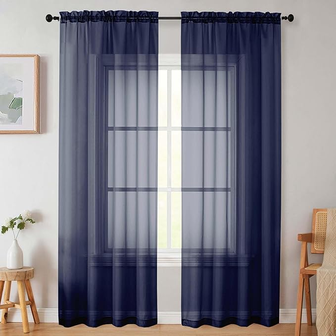 Sheer Navy Blue Curtains for Bedroom Living Room 90 Inches Long 2 Panels Set, Soft Airy Light Filtering Sheer Window Treatments, Modern Rod Pocket Curtains Drapes, Each 42" Wx90 L Inch