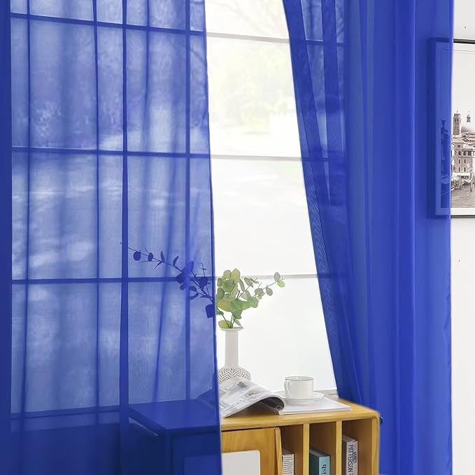 Youleyar Solid Sheer Rod Pocket Curtain Voile Draperies 2 Panels White Beige Black Ivory Coffee 26 Inch Width 24 Inch Long 1 Pair for Kitchen Bedroom Children Living Room Yard(Blue Sapphire,26W x 24L)