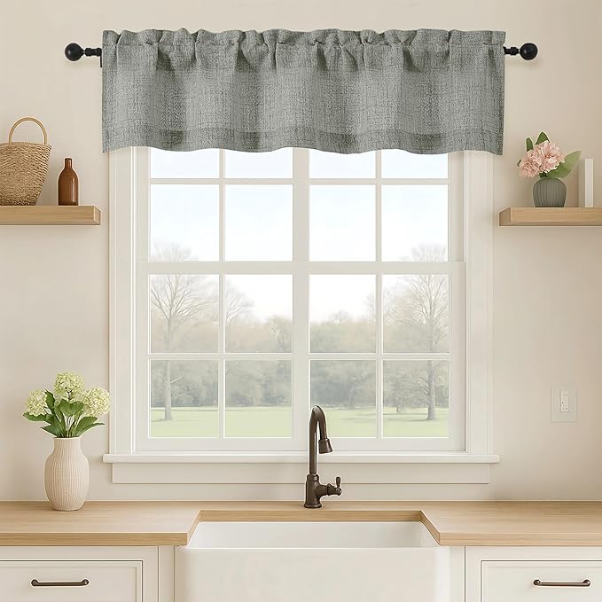 OVZME Valance for Windows, Light Filtering Faux Linen Textured Small Short Valance Kitchen Curtain, Dual Rod Pocket Top Short Window Curtain for Bathroom Basement Farmhouse, 52Wx12L Inch, Dark Grey