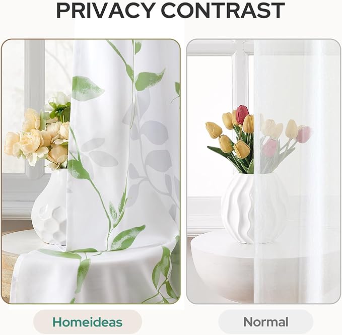 HOMEIDEAS Non-See-Through Sage Green and White Privacy Sheer Curtains 52 X 84 Inch Length 2 Panels, Leaf Floral Printed Light Filtering Semi Sheer Window Curtains Drapes for Bedroom Living Room