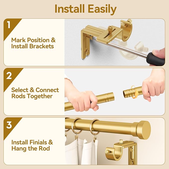 YaFex Curtain Rods 32-84 Inch, Heavy Duty 1 Inch Adjustable Curtain Rod for Windows, Gold Long Window Treatment Rods, Modern Design, Easy Installation