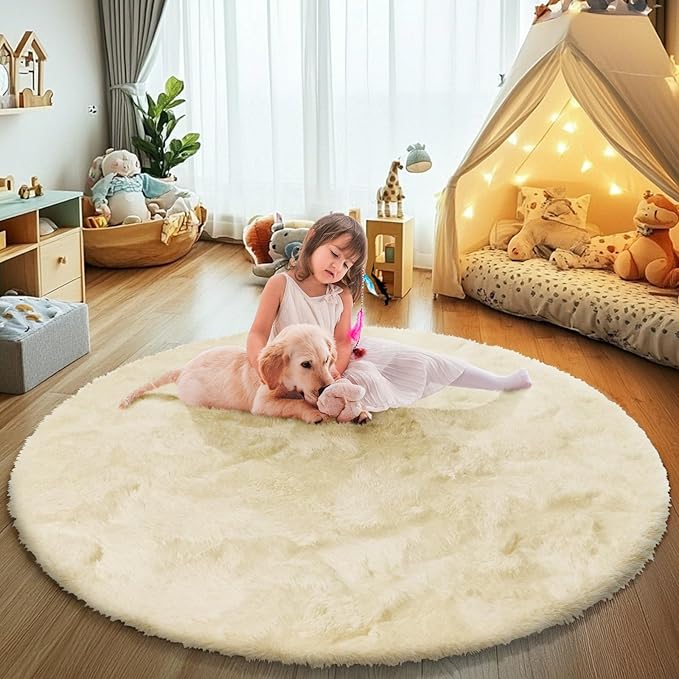 yulidayang Fluffy Round Area Rugs for Bedroom,Ivory 5'X5'Shag Circle Area Rugs for Girls Room,Non Slip Fuzzy Plush Rug for Kids Room Living Room and Dorm Home Rug