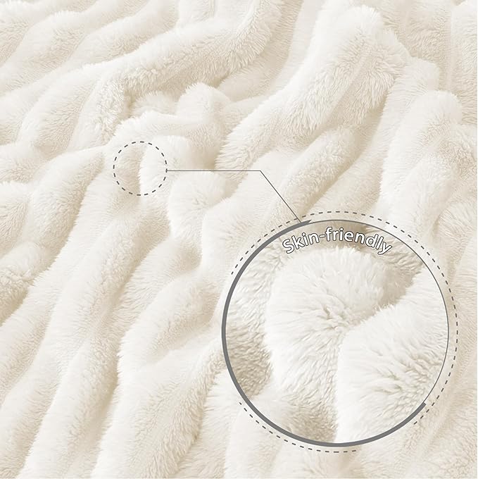 Exclusivo Mezcla King Size Flannel Fleece Blanket, Super Soft Striped Jacquard Bed Blanket, Lightweight Fuzzy Cozy for All Seasons, 90x104 Inches, Ivory