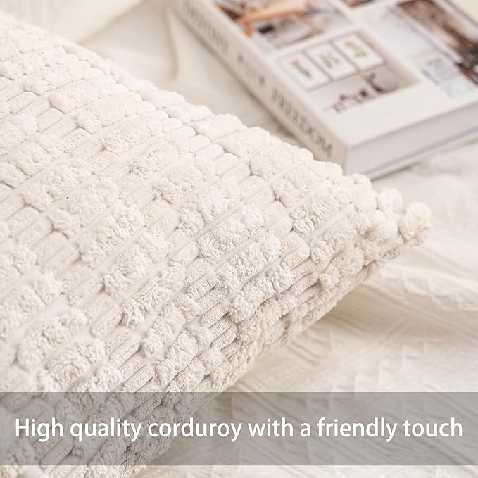 Pack of 2 Corduroy Decorative Throw Pillow Covers 16x16 Inch Soft Striped Pillow Covers Modern Farmhouse Home Decor for Sofa Living Room Couch Bed（White）