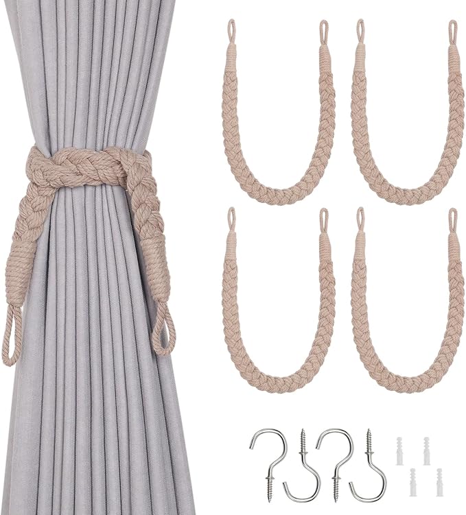 NICEEC 4 Pack Natural Cotton Rope Curtain Tiebacks Elegant Boho Style Decorative Drape Tie Backs Soft Hand-Woven Rope Curtain Holdbacks with Metal Hook for Home & Office Drapery (Grey Coffee)