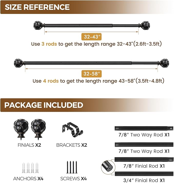 KAMANINA Black Curtain Rod 32 to 58 Inch(2.6-4.8Ft), Adjustable Heavy Duty Curtain Rods for Windows 28 to 48 Inch, 7/8 Inch Drapery Rods with Decorative Netted Texture End