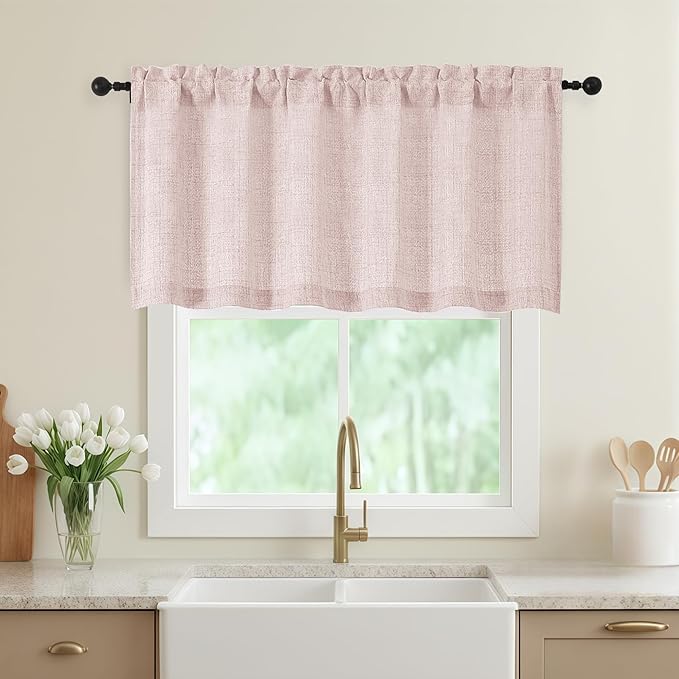 Blush Pink Valances for Windows, Light Filtering Faux Linen Textured Small Short Valance Curtains for Bathroom Basement Farmhouse, Rod Pocket Half Curtains for Windows, 60Wx24L Inch