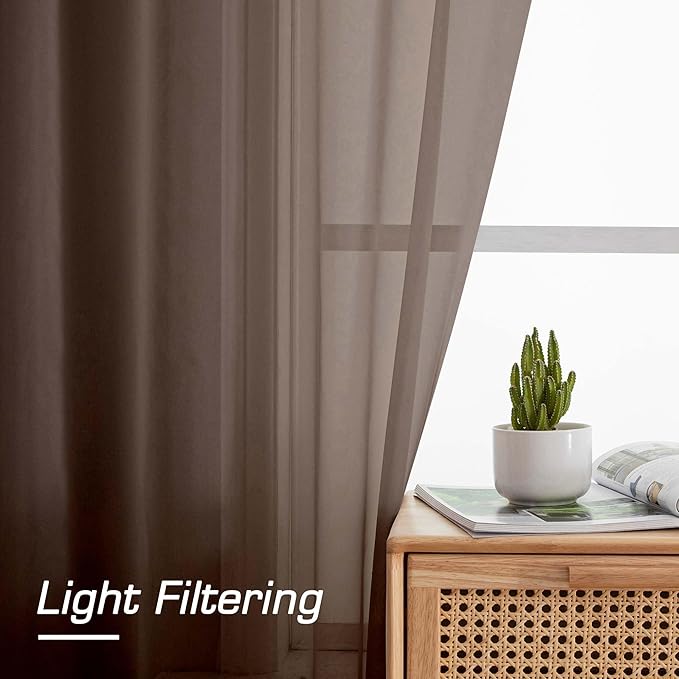OWENIE Sheer Curtains 63 inch Length 2 Panels Set, Rod Pocket Voile Fimly Sheer Drapes for Living Room/Bedroom, 2pcs, Each 42" W x 63" L, Chocolate