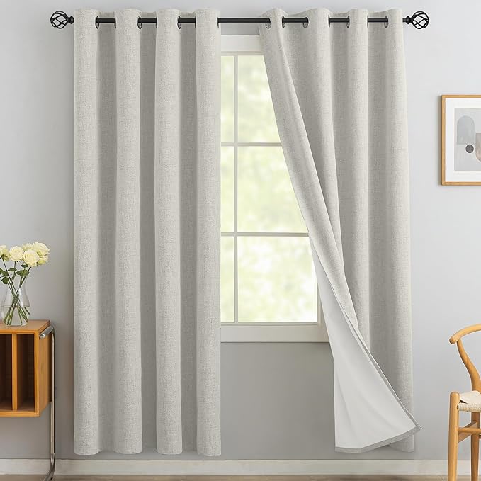 Yakamok Cream Linen Curtains 100% Blackout 72 Inches Long,Room Darkening Textured Curtain for Living Room Thermal Grommet Bedroom Curtains 2 Panels with Greyish White Liner
