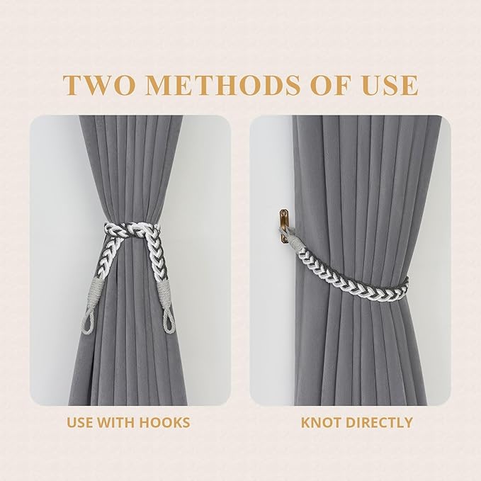 NICEEC 4 Pack Natural Cotton Rope Curtain Tiebacks Elegant Boho Style Decorative Drape Tie Backs Soft Hand-Woven Rope Curtain Holdbacks with Metal Hook for Home & Office Drapery (Grey & White)