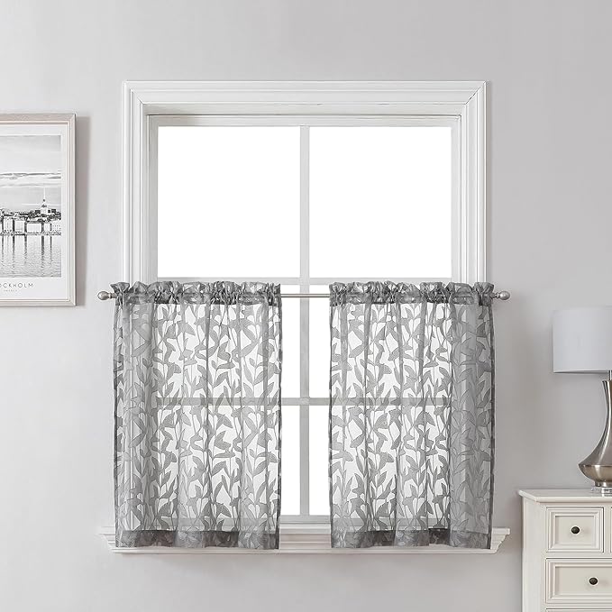 Lecloud Leia Charcoal Grey Sheer Kitchen Curtains 24 Inch 2 Pcs, Jacquard Leaf Textured Voile Short Curtain Tiers with Rod Pocket, Soft Airy Bathroom Bedroom Curtains for Small Windows, 28" W x 24" L
