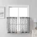 Lecloud Leia Charcoal Grey Sheer Kitchen Curtains 24 Inch 2 Pcs, Jacquard Leaf Textured Voile Short Curtain Tiers with Rod Pocket, Soft Airy Bathroom Bedroom Curtains for Small Windows, 28" W x 24" L