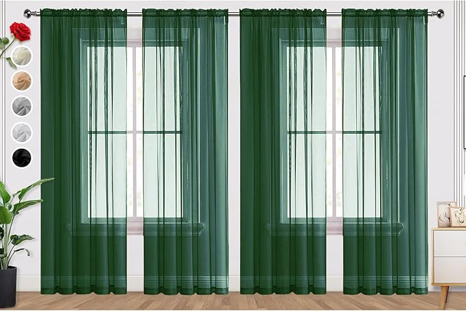 SpaceDresser Foliage Green Sheer Curtains 4 Panels Rod Pocket Semi-Sheer Curtain 72 Inches Long Light Filtering Voile Window Drapes for Bedroom Living Room Kitchen, Each 52W x 72L