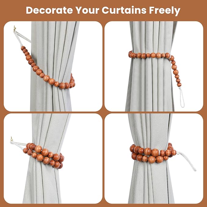 Wood Bead Curtain Tiebacks, KLOGTSIND Set of 2 Curtain Holdbacks for Thin or Thick Window Draperies, Boho Farmhouse Curtain Tiebacks with Hooks, Curtain Tie Backs for Home Office Room Decor