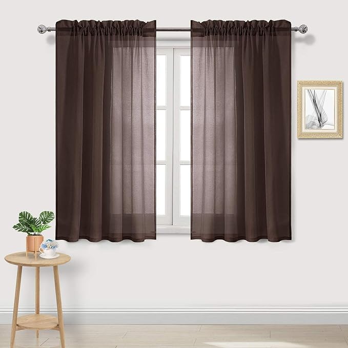 DWCN Brown Sheer Curtains Semi Transparent Voile Rod Pocket Curtains for Bedroom and Living Room, 42 x 54 inches Long, Set of 2 Panels
