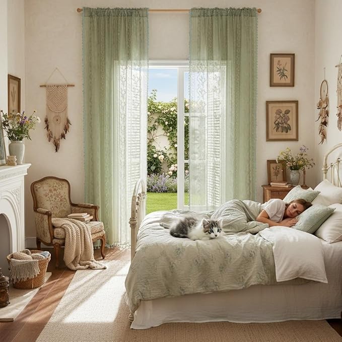 WAZZIO Boho Lace Curtains 2 Panels 84 Inch -Vintage Victorian Sheer Panel Drape French Country Floral Pattern & Tassel Light Filtering Privacy for Bedroom Dining Living Room,Light Sage Green,W52x L84