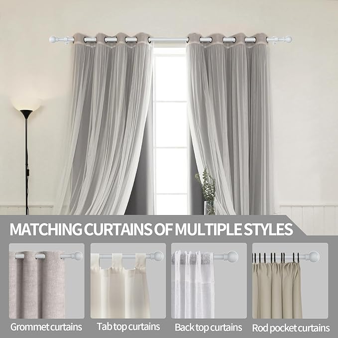 Thestoa Curtain Rods for Windows 30-62 Inch, 5/8" White Curtain Rod for Bedroom, Living Room,Kitchen,Farmhouse, Outdoor