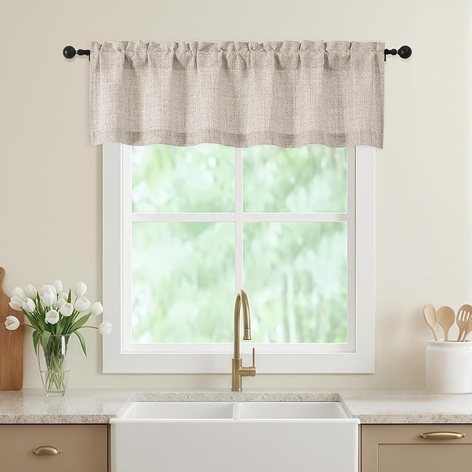 Linen Valances for Windows, Light Filtering Faux Linen Textured Small Short Window Curtain for Bathroom Basement Farmhouse, Rod Pocket Top Half Curtains for Windows, 60Wx14L Inch