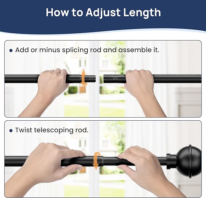 ENJOYBASICS 2 Pack No Drill Curtain Rods for Window 28 to 60 Inches, 5/8 Inch Diameter Renter Friendly Drapery Rod with Adhesive Brackets without Drilling, Adjustable from 27 to 65 Inches, Black