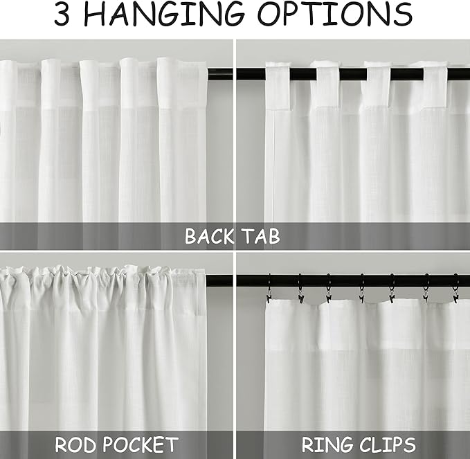 Nanspring Solid Off White Curtains 96 Inches Long 2 Panels Back Tab Sheer Linen Curtain Modern Farmhouse Coastal Decor White Cotton Textured Gauze Curtains for Patio Sliding Door Office Bedroom