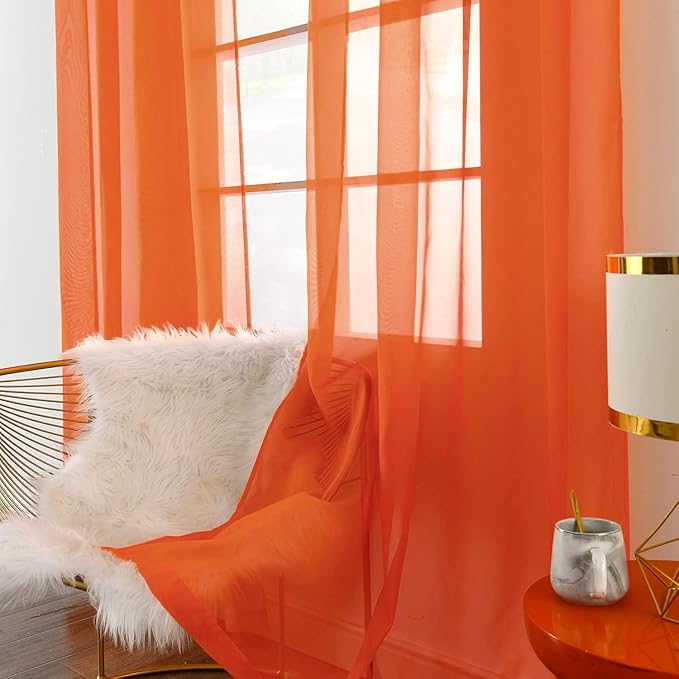 SpaceDresser Sheer Voile Window Treatment Rod Pocket Curtain Panels for Kitchen Bedroom Living Room Drapes Sunlight Filtering Privacy Semi Home Decor Assorted (Burnt Orange, 52 W x 54 L)