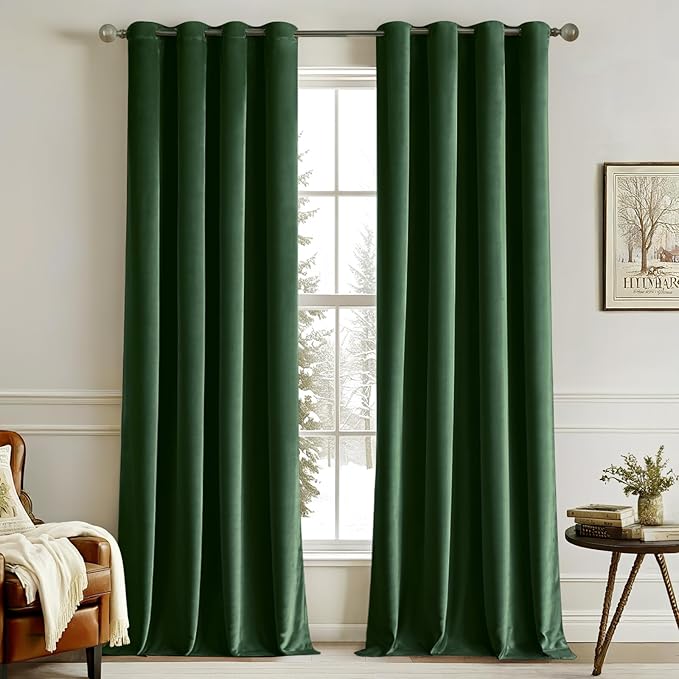 MIULEE Christmas 90 Inches Velvet Curtains Emerald Green Elegant Grommet Curtain Thermal Insulated Soundproof Room Darkening Drapes for Classical Living Room Bedroom Decor 52 x 90 Inch Set of 2