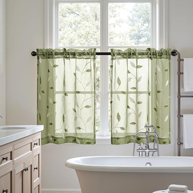 MIULEE Sage Green Sheer Curtains 2 Panels Embroidered Leaf Patterned Rod Pocket Floral Semi Sheer Faux Linen Short Window Curtains Drapes Set for Kitchen Bathroom Cafe, 30x24 Inches Length