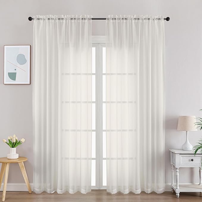 Gwine Ivory Sheer Curtains 84 Inches Long 2 Panels Set, Light Filtering Sheer Curtains for Living Room Bedroom 59 Inch Extra Wide, Modern Voile Soft Airy Rod Pocket Drapes, 59Wx84L Inch, 2PCS, Ivory