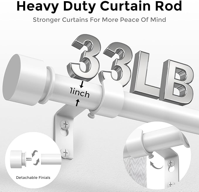 Modern White Curtain Rods for Windows 66 to 120 Inch, 1" Diameter Adjustable Heavy Duty Window Curtain Pole with Matte White End Cap Finials, Decorative Drapery Rods for Living Room, Bedroom