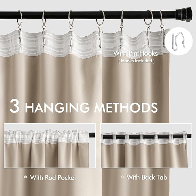 MIULEE Taupe Back Tab Blackout Curtains 84 Inch Length 2 Panels Set for Living Room Bedroom Privacy, Rod Pocket/Pinch Pleat Thermal Insulated Room Darkening Pleated Light Blocking Drapes