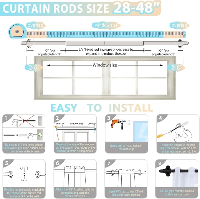 TVWOO Wrap Around Curtain Rods,Black Curtain Rods 28 to 48 Inch,5/8 Inch Adjustable Blackout Curtain Rod Set,Room Darkening Single Window Rod,Metal Thicken Hidden Curved Drapery Rod 28-48",Matte Black