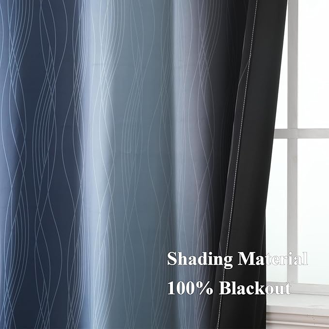 Estelar Textiler Black and Navy Blue Ombre Blackout Curtains 45 Inches Long, Full Room Darkening Gradient Drapes for Kitchen, Thermal Insulated Grommet Short Curtains for Bathroom, 42Wx45L, 2 Panels