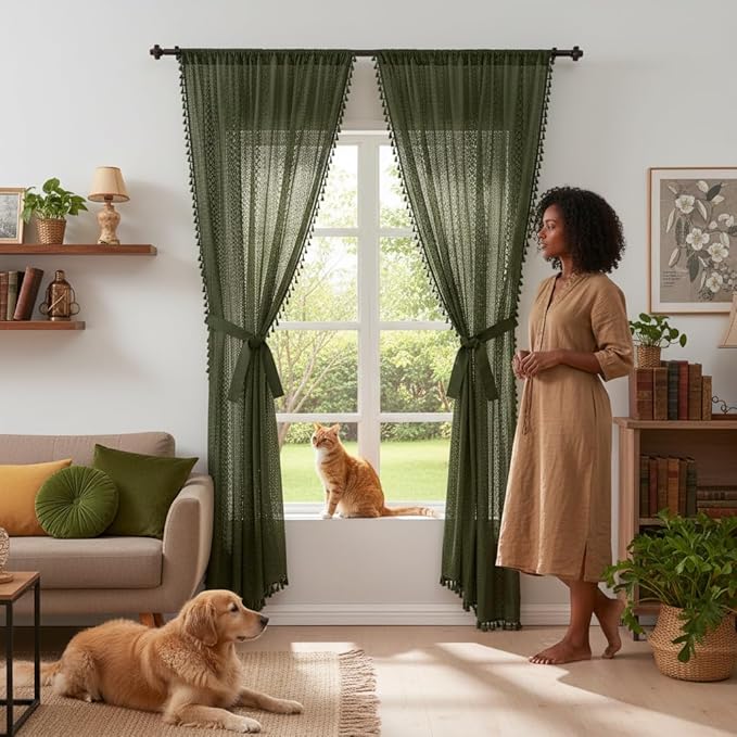 WAZZIO Boho Lace Curtains 84 Inches 2 Panel,Light Filtering Privacy Tassel & Geometry Crochet Semi Sheer Curtain Drapes for Bedroom Living Dining Room,Rod Pocket & Tassel,Olive Green
