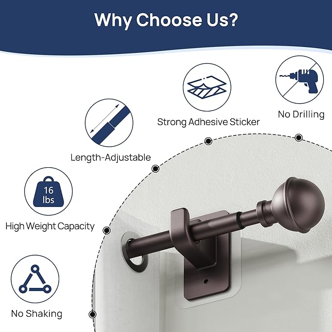 ENJOYBASICS No Drill Curtain Rods for Window 28 to 60 Inches, 5/8 Inch Diameter Renter Friendly Drapery Rod with Adhesive Brackets without Drilling, Adjustable from 27 to 65 Inches, Bronze