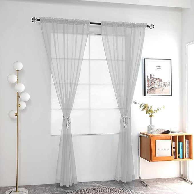 youleyar Solid Sheer Rod Pocket Curtain Voile Draperies 2 Panels White Beige Black Grey Ivory 52 Inch Width 84 Inch Long 1 Pair for Kitchen Bedroom Children Living Room Yard (Silver Grey,52Wｘ84L)