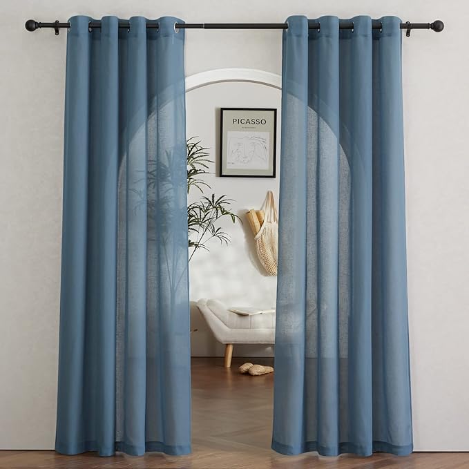 NICETOWN Flax Linen Sheer Curtains for Living Room, (Stone Blue) Grommet Vertical Drapes Semi Sheer Linen Curtains Privacy with Light Filtering for Villa/Farmhouse, W52 x L84, 1 Pair