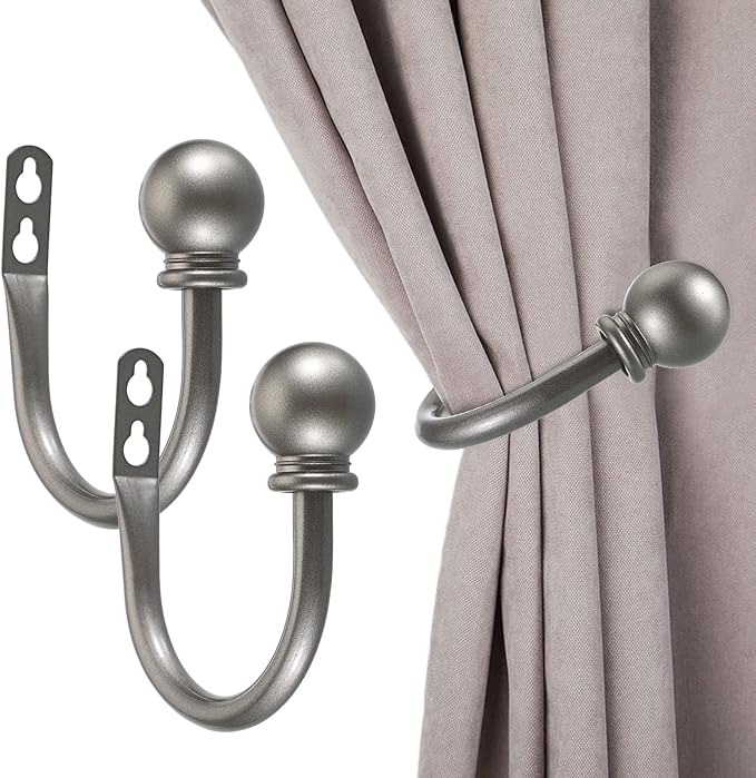 Sumnacon Set of 2 Decorative Curtain Holdbacks, Wall Mounted Aluminum Alloy Window Drapery Tiebacks for Bedroom, Livingroom Office Come with Screws, Grey