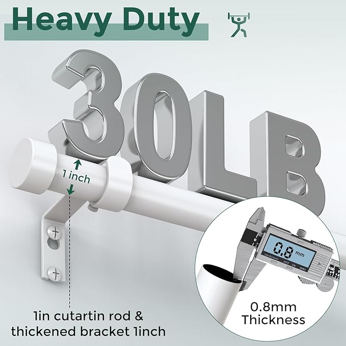 VOIIY White Curtain Rods for Windows 28 to 48 Inch(1.5-5 Feet),1" Diameter Drapery Rods with Modern Style End Cap Finials,Size:30''-60''