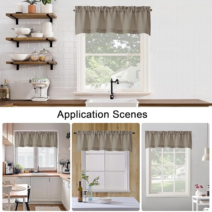 Chyhomenyc Stone Beige Valance for Windows, Light Filtering Faux Linen Textured Small Window Kitchen Curtain, Rod Pocket Short Valance for Bathroom Laundry Basement, 60Wx14L inch, 1 Piece