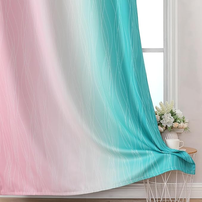 Estelar Textiler Teal and Pink Ombre Blackout Curtains for Bedroom, Full Room Darkening Grommet Curtains for Living Room, Thermal Insulated Light Blocking Gradient Drapes, 42Wx72L, 2 Panels